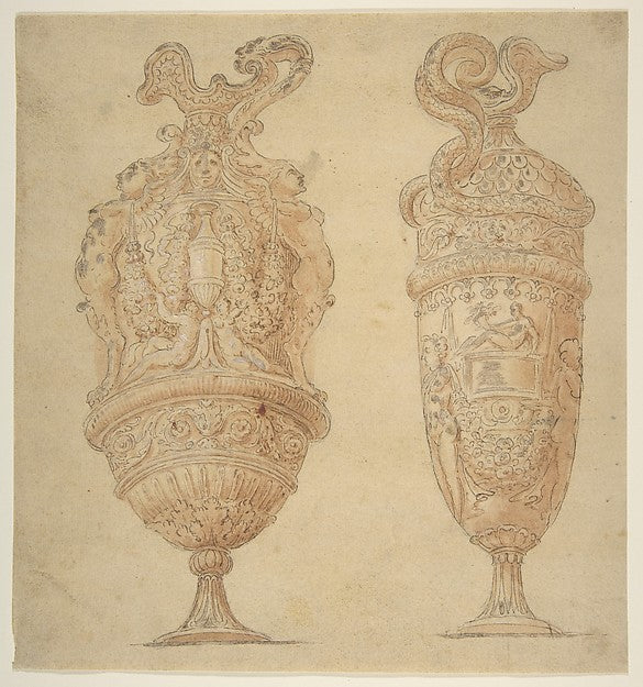 Two Urns Decorated with Human Figures Animals and Garlands. n, Poster Print Wall Art