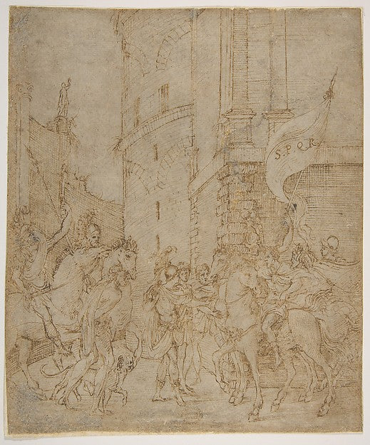 Emperor greeted by a warrior 16th cent-School of Marcantonio R,16x12"(A3) Poster