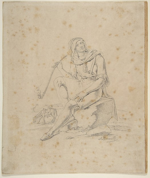 Seated Male Figure with Pipe in a Landscape n.d.-S. Romanelli,, Poster Print Wall Art
