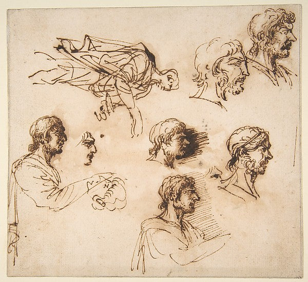 Studies of a Man's Head in Profile and of a Standing Male Fig, Poster Print Wall Art