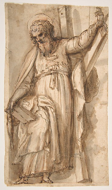 Saint Andrew Apostle with Transverse Cross Book and Fish , Poster Print Wall Art
