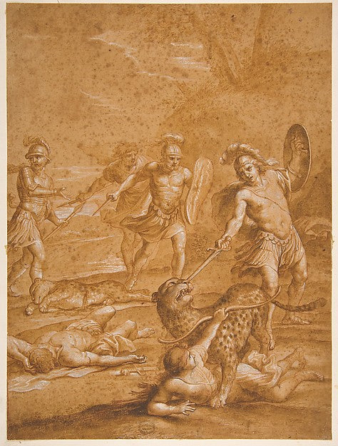 The Shipwrecked Alphone Rescues Lisamante from a panther 1599–, Poster Print Wall Art