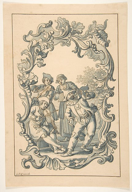 Three Musicians and Harlequin in an Ornamental Frame 1720–74-G, Poster Print