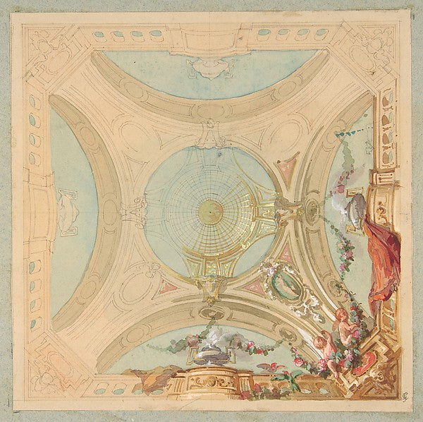 Design for a ceiling with garland bearing putti second half 19, Poster Print Wall Art