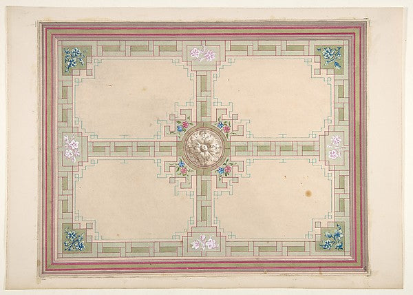 Design for a ceiling with floral accents and Greek key border , Poster Print Wall Art