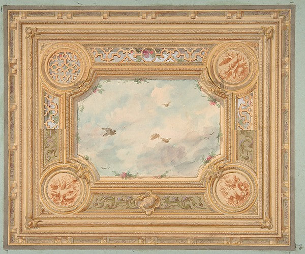 Design for a ceiling with four medallions and sky motif in cen, Poster Print Wall Art