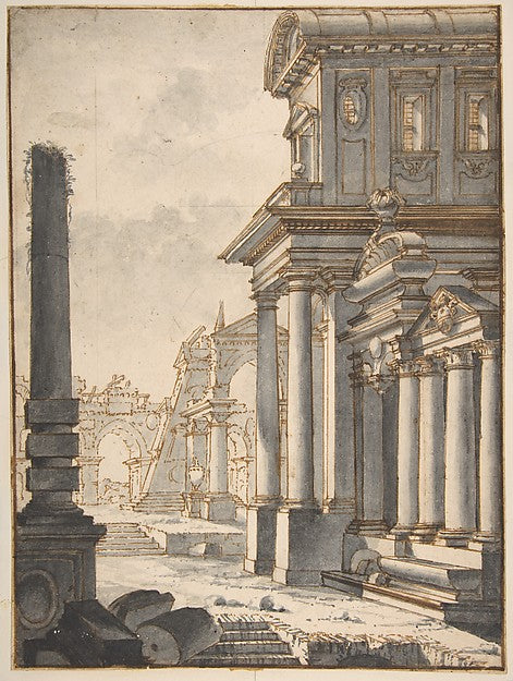 Facade and Ruins 1730–66-attributed to Mauro Antonio Tesi, Poster Print Wall Art