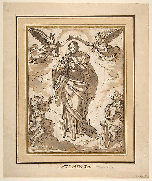 The Virgin Immaculate Crowned by Two Angels with Angel Musici, Poster Print Wall Art
