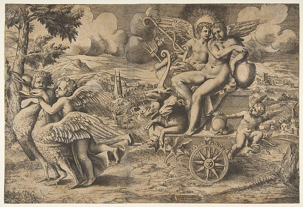 The triumph of Cupid and Psyche who are seated on a chariot dr, Poster Print Wall Art