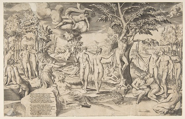 Cupid in the Elysian Fields tied to a tree in the centre surr, Poster Print