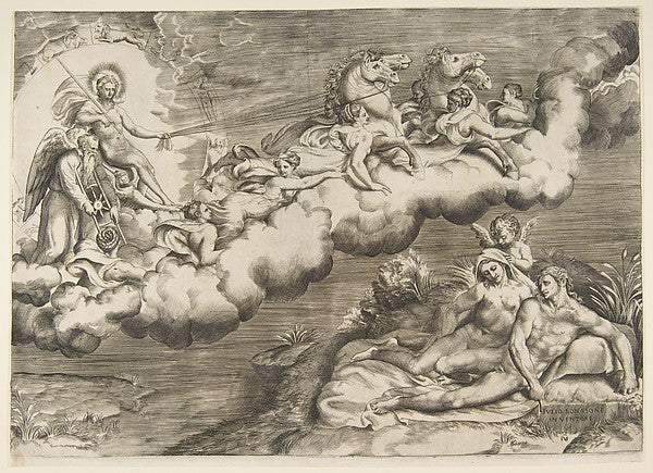 An allegory of the rising sun a naked man wearing a shroud an, Poster Print