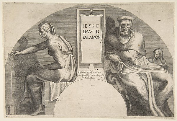 The ancestors of Christ flanking an inscribed tablet an arche, Poster Print