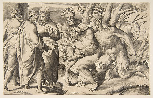 Two satyrs brining Silenus King Midas standing at the left 153, Poster Print
