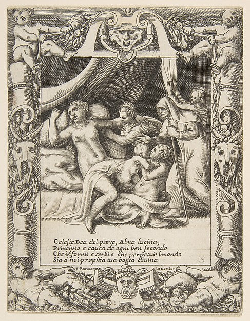 A woman in labor imploring the aid of Lucina set within a deco, Poster Print