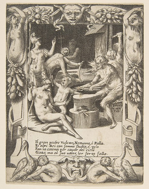 Vulcan Neptune Athena and other Gods making Shackles to pull, Poster Print