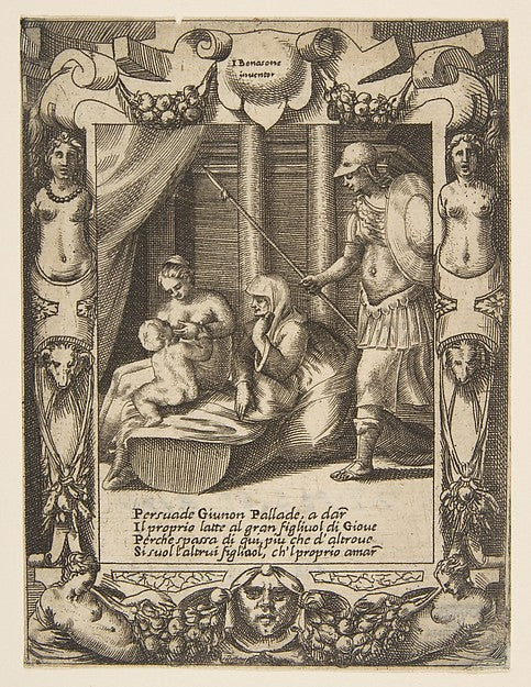 Juno persuading Athena to nurse the young Hercules set within, Poster Print