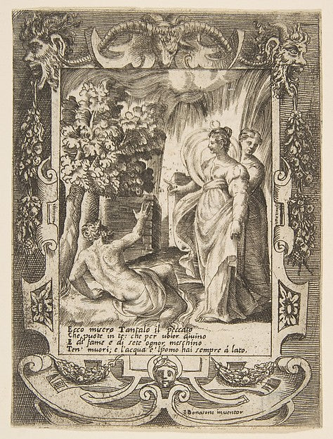 Tantalus at left speaking to Diana at right set within an ela, Poster Print