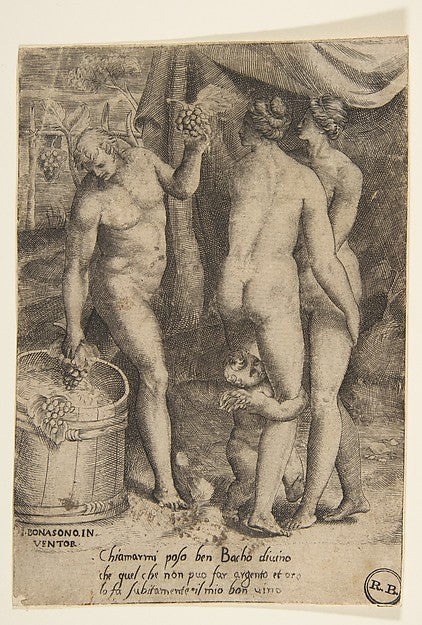 Bacchus at left giving grapes to women from 'The Loves of the, Poster Print