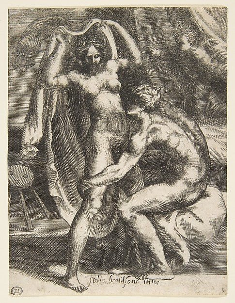 Two lovers a man pulling a woman toward a bed from 'The Love, Poster Print