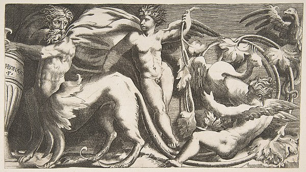 ornamental Frieze with two Putti and a Monster 16th cent-Giuli,16x12"(A3)Poster