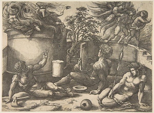 Cain in the center holding a mirror watching his sacrifice sea, Poster Print