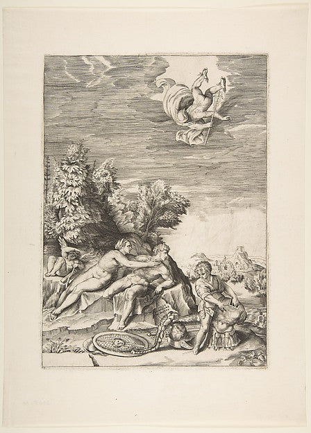 Calypso trying to detain Ulysses as a child prepares his armou, Poster Print