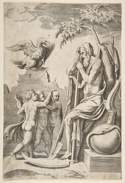 Father Time at the right leaning on a scythe three naked boys, Poster Print