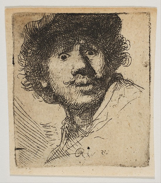 Rembrandt in a Cap Open Mouthed and Staring: Bust in Outline , Poster Print