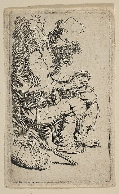 Beggar Seated Warming His Hands at a Chafing Dish c1630-Rembra,16x12"(A3)Poster