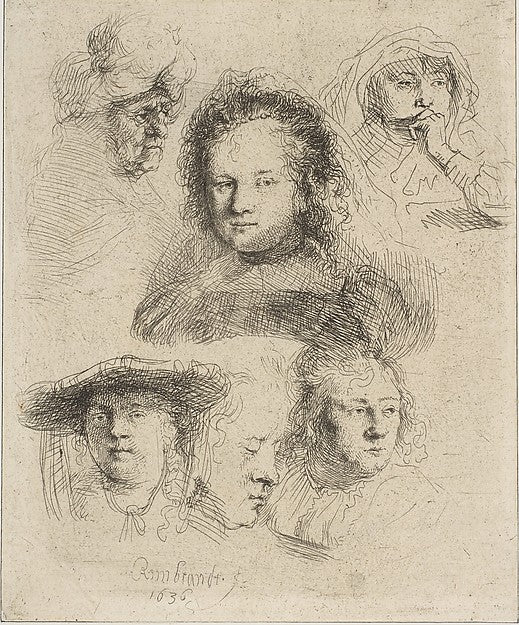 Rembrandt's Wife and Five Other Heads 1636-Rembrandt ,16x12"(A3)Poster