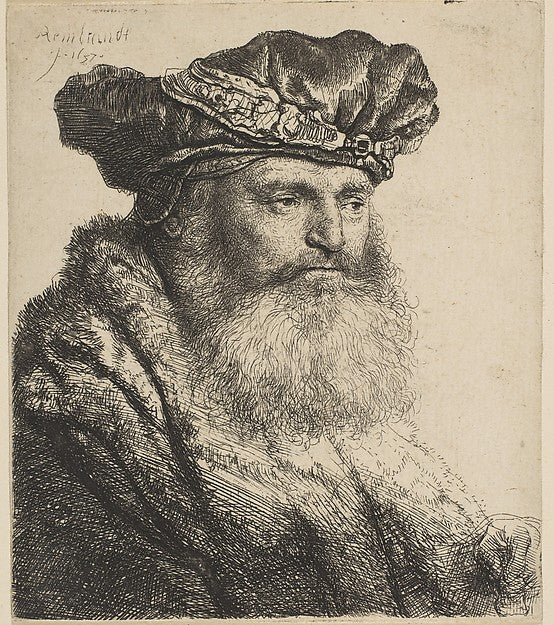 Bearded Man in a Velvet Cap with a Jewel Clasp 1637-Rembrandt ,16x12"(A3)Poster