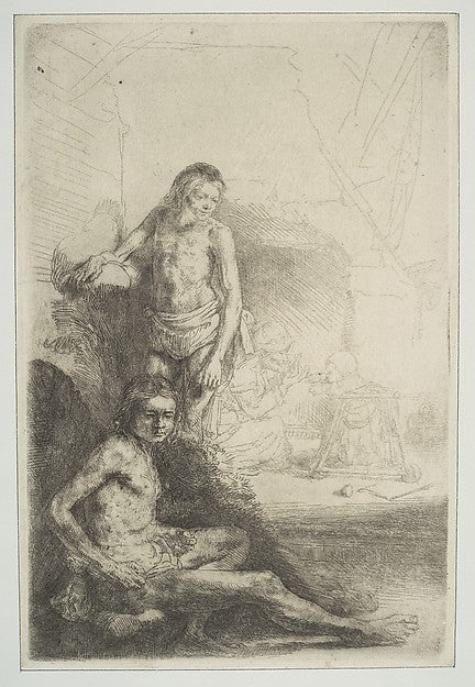 Nude Man Seated and Another Standing with a Woman and a Baby , Poster Print