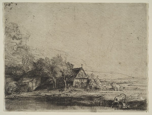 Landscape with a Cow Drinking-After Rembrandt , Poster Print