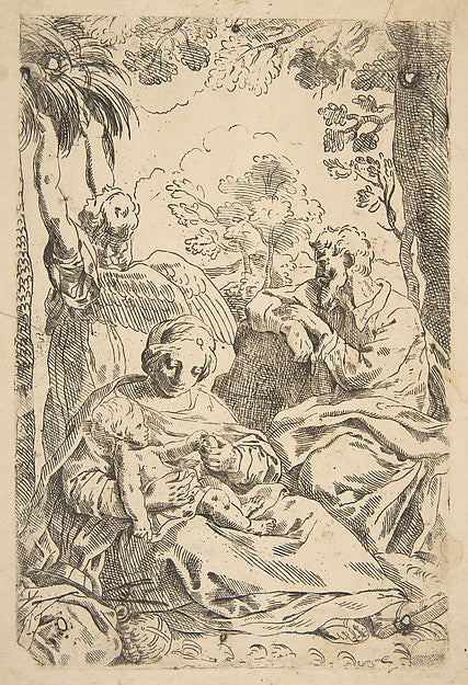 Repose in Egypt Holy Family seated while an angel pulls at tr, Poster Print Wall Art