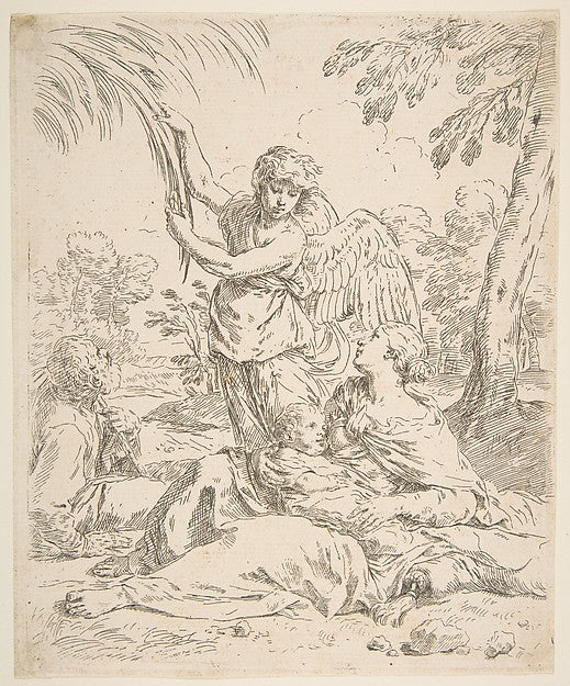 Repose in Egypt Mary nursing the infant Christ while an angel, Poster Print Wall Art