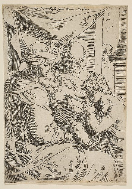 Holy Family with Saint John the Baptist kissing the infant Chr, Poster Print Wall Art