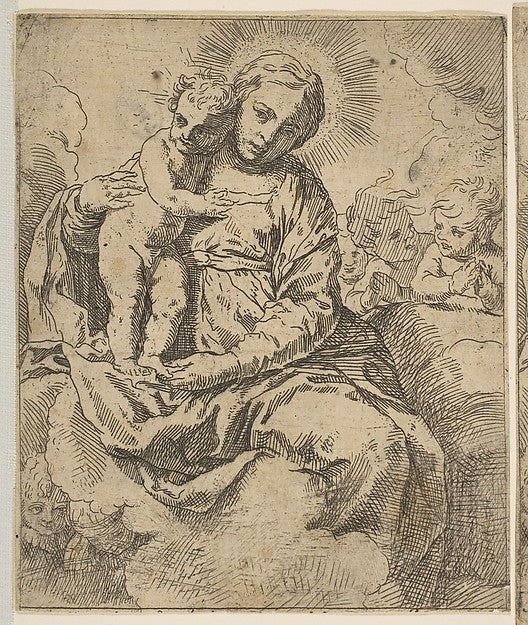 Madonna and Child seated on clouds and surrounded by angels c, Poster Print Wall Art