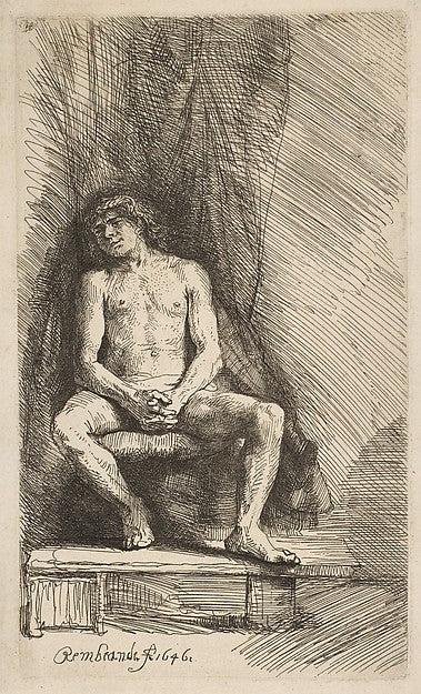 Nude Man Seated before a Curtain 1646-Rembrandt ,16x12"(A3)Poster