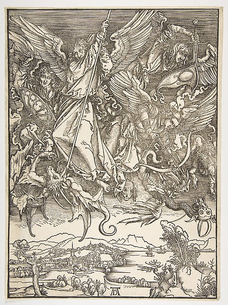 Saint Michael and the Dragon from The Apocalypse c1498-Albrec,16x12"(A3)Poster