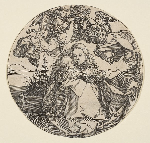 The Virgin and Child Crowned by Two Angels above a Landscape , Poster Print Wall Art