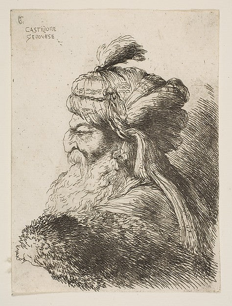 Head of an old man with a turban facing left from the series , Poster Print Wall Art