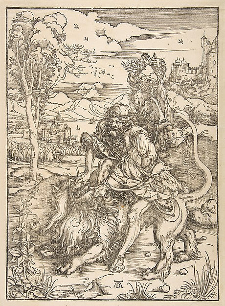 Samson Rending the Lion c1497–98-Albrecht Dürer , Poster Print Wall Art