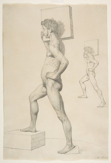 Study of a Male Nude Shouldering a Wooden Block c1832-Christen,16x12"(A3)Poster