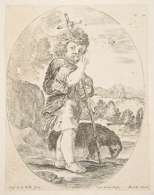 Saint John the Baptist eating a piece of fruit an oval compos, Poster Print Wall Art