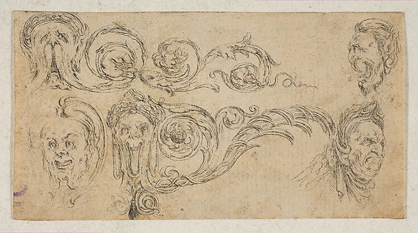 Plate 4 - five grotesque heads from 'Friezes foliage and gro, Poster Print Wall Art