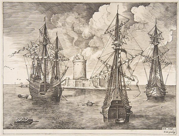 Four-master and Two Three-masters Anchored near a Fortified Is,16x12"(A3) Poster