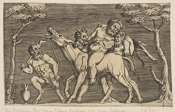 Two satyrs placing Silenus on a braying mule and a third satyr, Poster Print Wall Art
