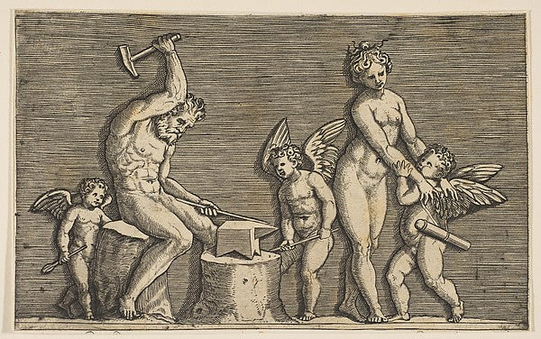 Vulcan seated hammering on an anvil flanked by Venus and three,16x12"(A3) Poster