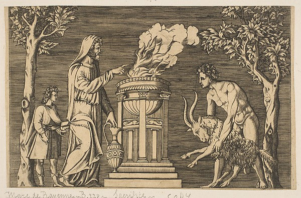 The sacrifice of a ram held by a naked man at right hooded pr, Poster Print Wall Art