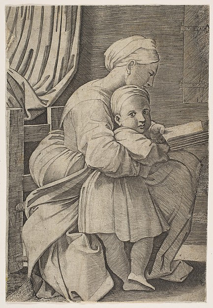 The Virgin in profile facing right reading to the infant Chris, Poster Print Wall Art